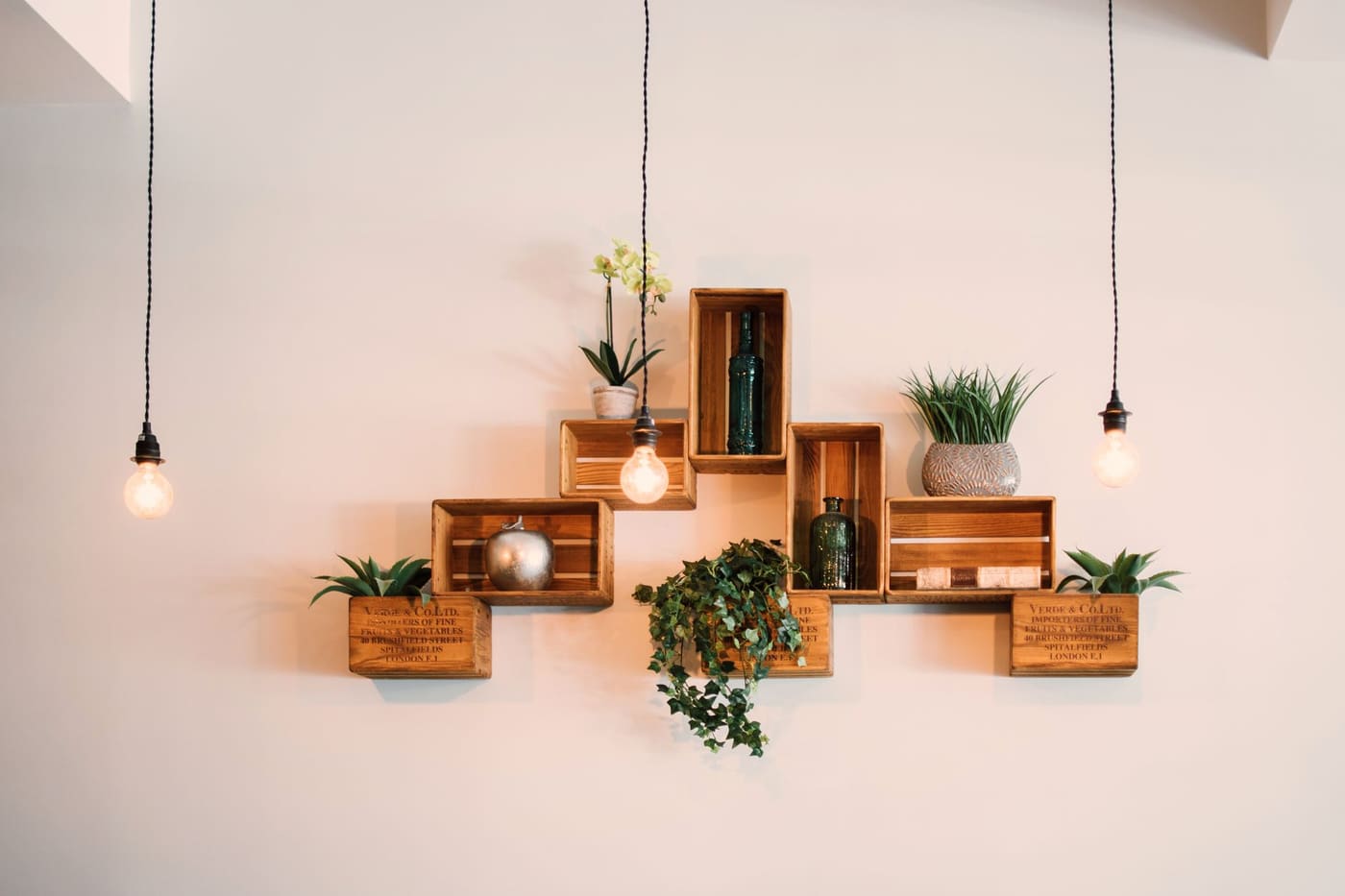 Wooden box shelves with small plants and decor mounted on a white wall under two hanging bulbs